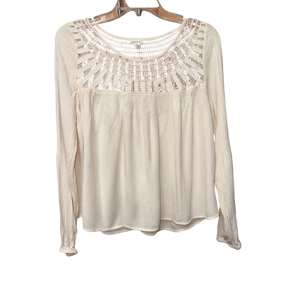 Aeropostale Crochet Women's Sz M Long sleeve Cottage Boho Going Out Flowy Shirt‎